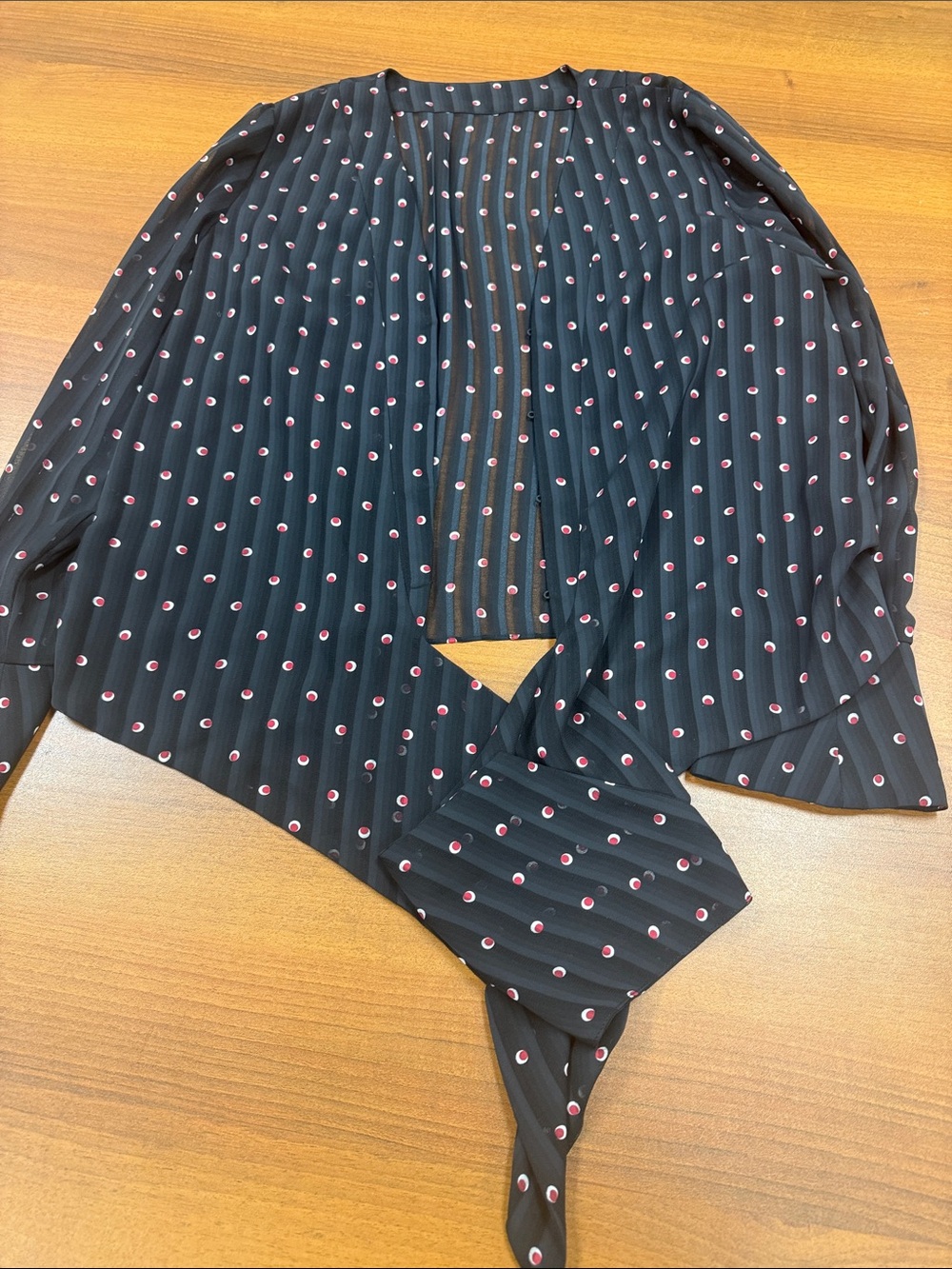 Alexis Black Open-Front Blouse with Pink Polka Dot Detail